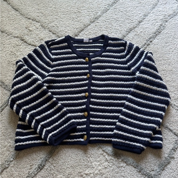 Gap sweater jacket navy blue white striped gold buttons cotton knit preppy XXL - Picture 10 of 10